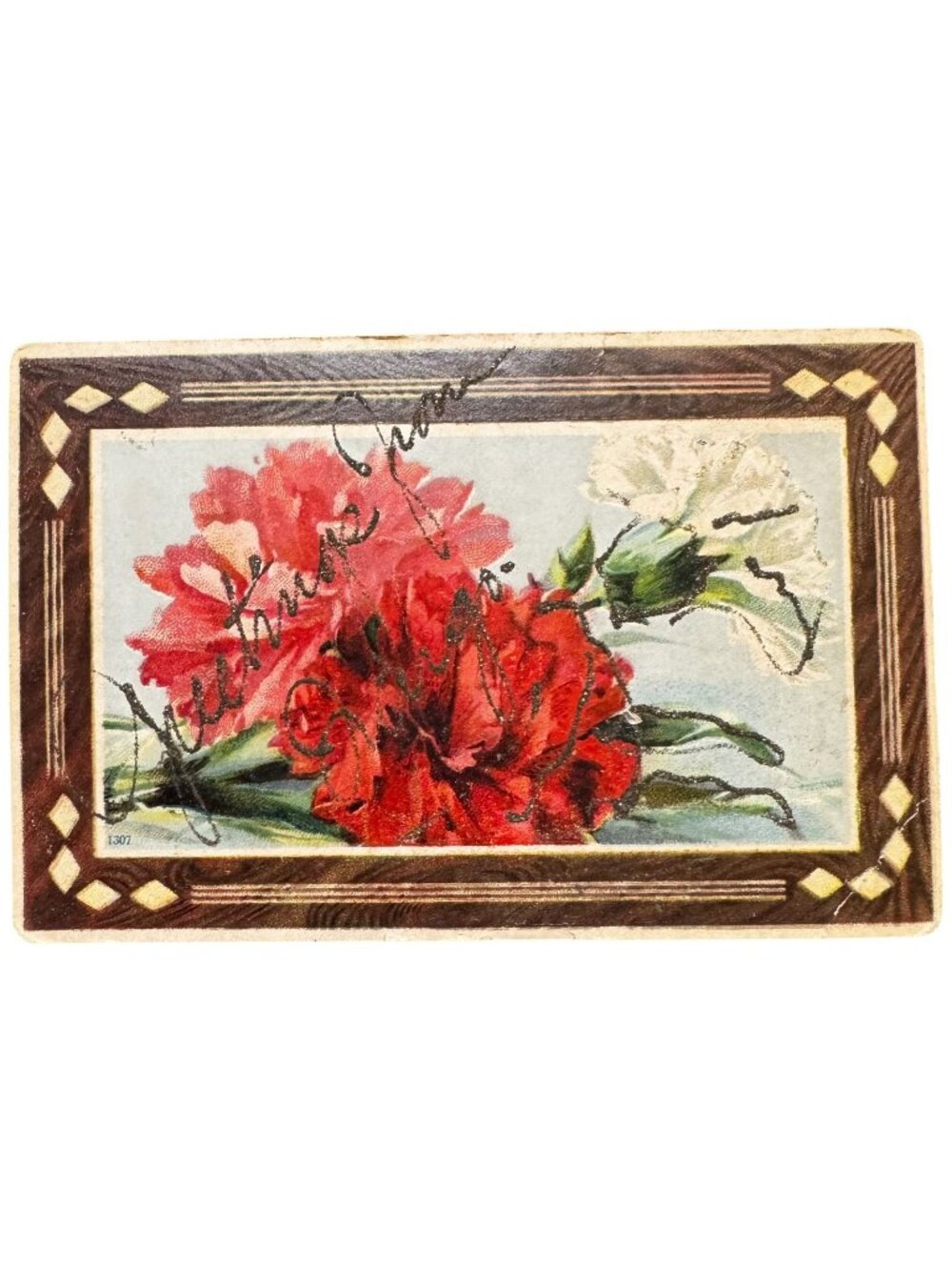 Vtg Postcard Red & White Carnations Greetings Unused 1900s Antique European Card